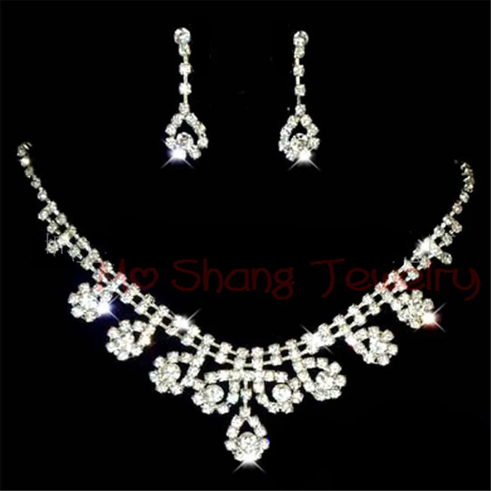 2020 Newest White Crystal Rhinestones Silver Plated Fashion V Collar Necklace&Earrings Jewelry Set Formal Party Prom Jewelry