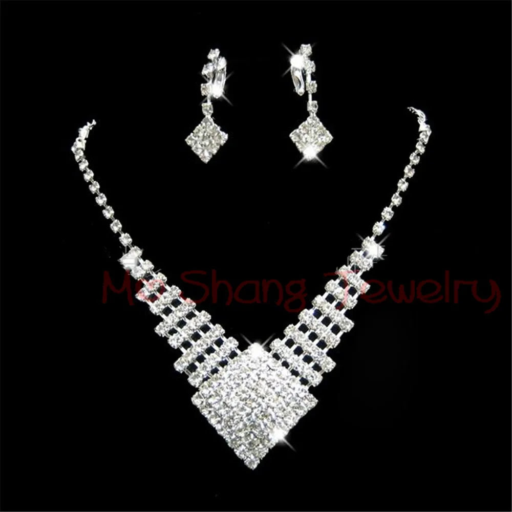 2020 Newest White Crystal Rhinestones Silver Plated Fashion V Collar Necklace&Earrings Jewelry Set Formal Party Prom Jewelry