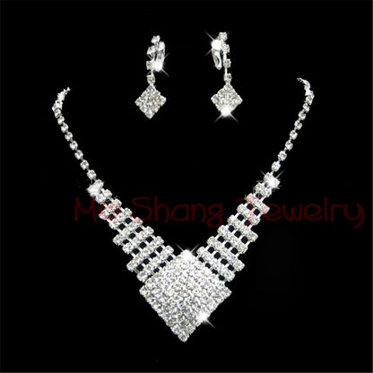 2020 Newest White Crystal Rhinestones Silver Plated Fashion V Collar Necklace&Earrings Jewelry Set Formal Party Prom Jewelry