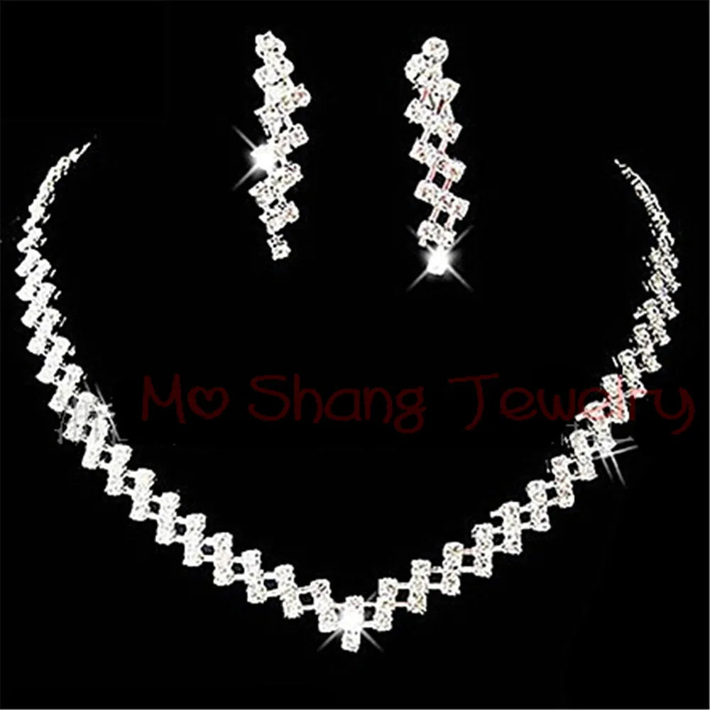 2020 Newest White Crystal Rhinestones Silver Plated Fashion V Collar Necklace&Earrings Jewelry Set Formal Party Prom Jewelry