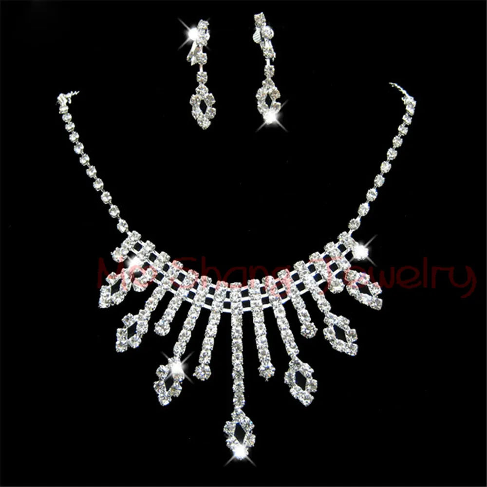 2020 Newest White Crystal Rhinestones Silver Plated Fashion V Collar Necklace&Earrings Jewelry Set Formal Party Prom Jewelry