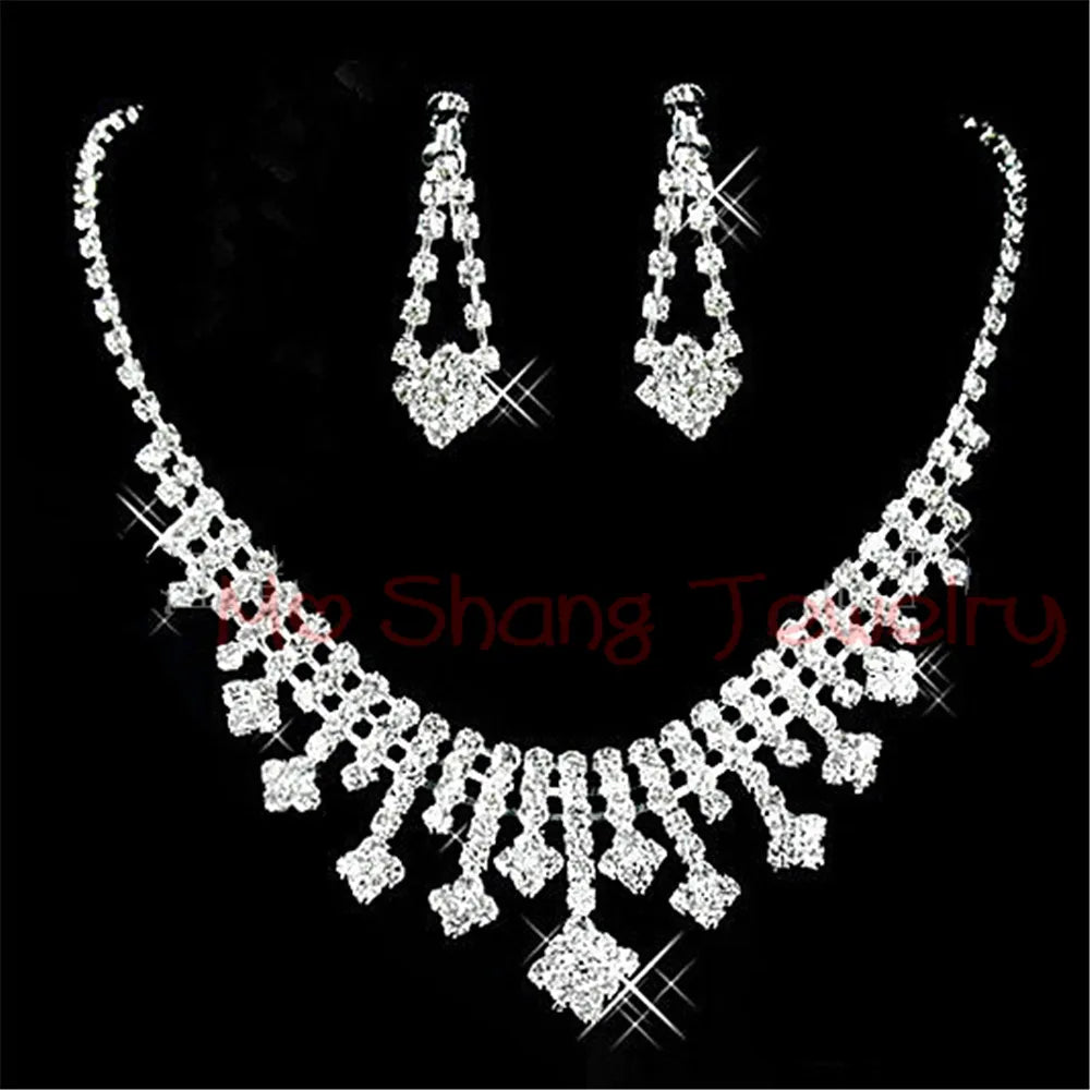 2020 Newest White Crystal Rhinestones Silver Plated Fashion V Collar Necklace&Earrings Jewelry Set Formal Party Prom Jewelry