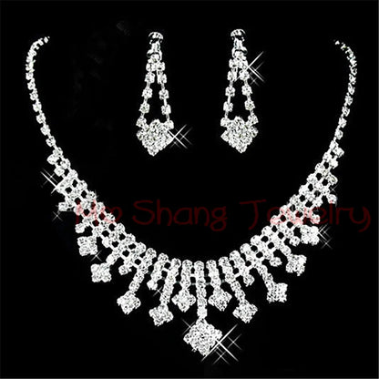 2020 Newest White Crystal Rhinestones Silver Plated Fashion V Collar Necklace&Earrings Jewelry Set Formal Party Prom Jewelry